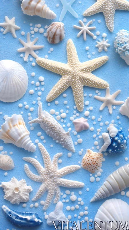 Sunny starfish and seashell treasures on soft blue sand.