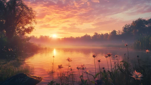 Sunlit mist settles over calm river with foreground flowers