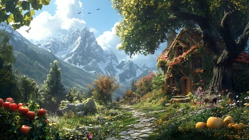 Mountain cottage in lush valley garden at late summer.