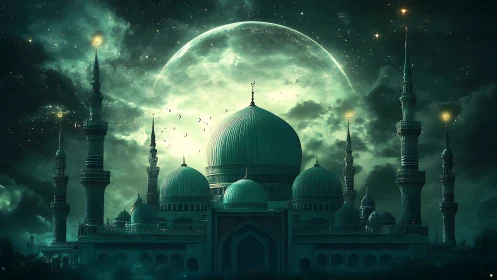 Moonlit emerald mosque rises beneath glowing celestial sky.