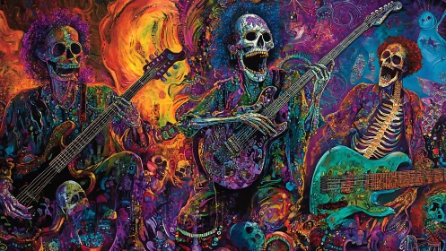 Psychedelic skeleton rock band explodes in neon cosmic light