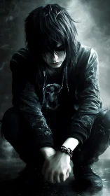 Dark-haired youth crouches in moody monochrome lighting