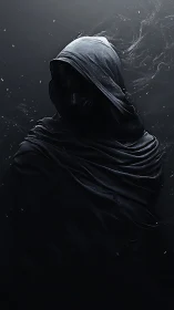 Shrouded hooded figure quietly emerging from swirling shadows