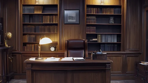 Mahogany law library office glows with quiet authority.