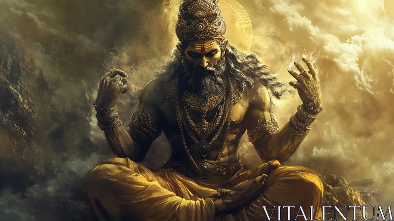 Meditating warrior deity levitates in stormlit golden clouds