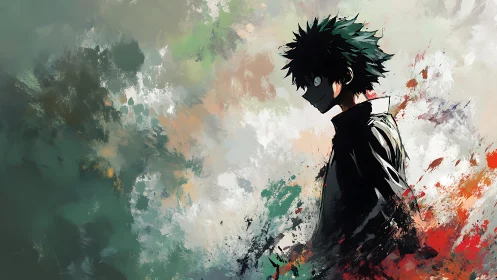 Shadowed anime hero walking through swirling color storms.