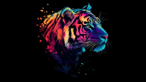 Neon colored tiger portrait on black background in profile.