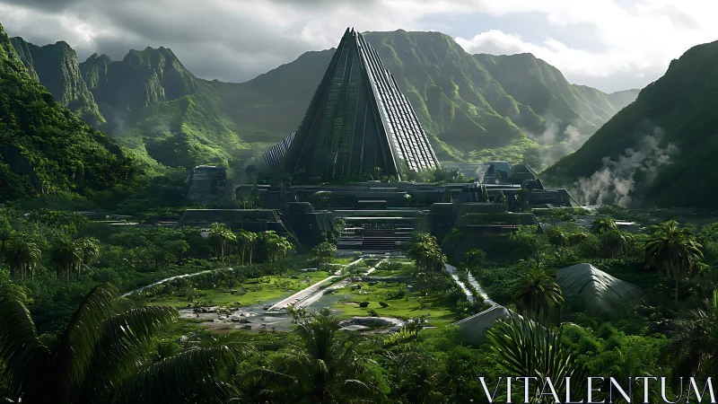 Futuristic pyramid complex stands in dense tropical valley