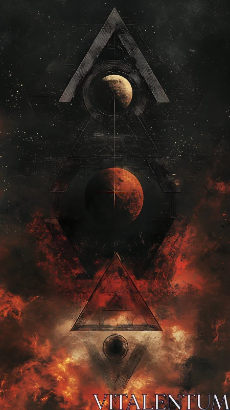 Celestial triangles align amid cosmic fire and shadowed void.