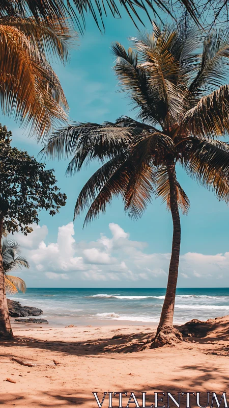 Coastal Palm Grove with Turquoise Waters and Cumulus Sky.