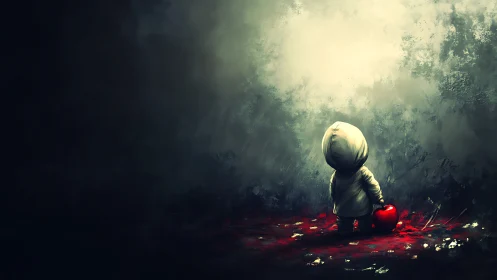 Hooded child stands on red ground holding heart-shaped object