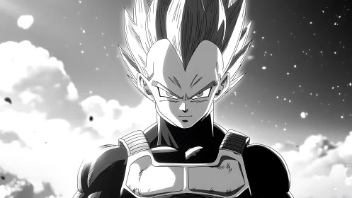 Brooding anime warrior stands strong beneath glowing sky.