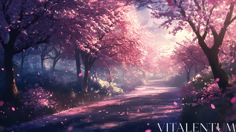 Petal-laden dreamway beneath glowing spring cherry canopies.