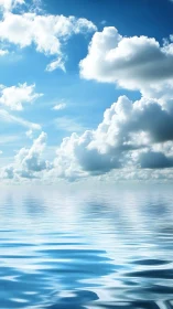 Calm ocean surface mirrors bright cumulus clouds beneath sky