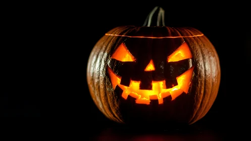 Glowing carved jack o lantern pumpkin on dark background.