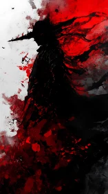 Silhouetted warrior dissolves into violent red brushstorm