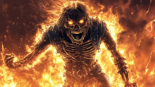 Fiery skeletal warrior roaring from a blazing inferno.