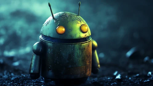 Small wet yellow robot standing in a dark moody scene.