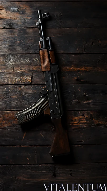 Kalashnikov style rifle on dark rustic wooden boards.