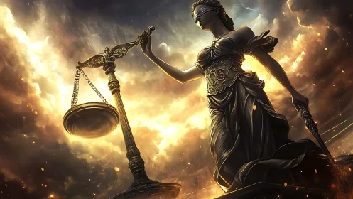 Blindfolded justice statue with golden scales at sunset.