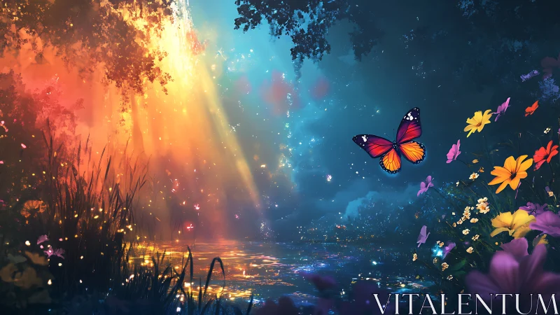 Butterfly over glowing pond in colorful fantasy forest.