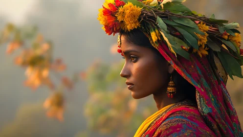 Portrait of Woman in Traditional Dress with Floral Headpiece, Soft Light.