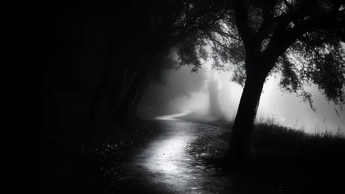 Misty forest path in low light with silhouetted trees.