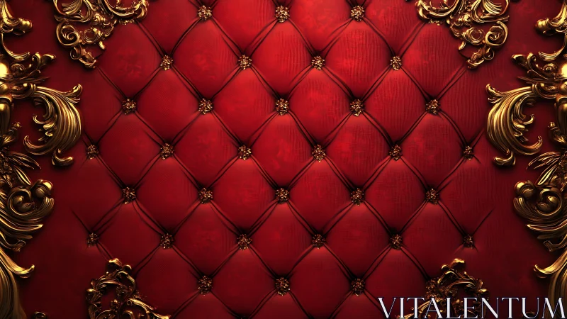 Regal red tufted backdrop with ornate golden baroque flourishes.