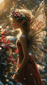 Winter fairy glows amid poinsettias and golden snowfall.
