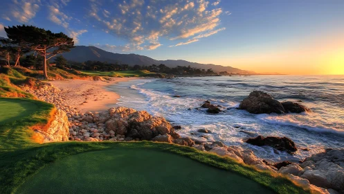 Golden hour coastline beside sculpted golf greens.