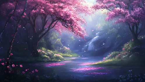 Luminous cherry blossom river valley with tiered waterfall glow