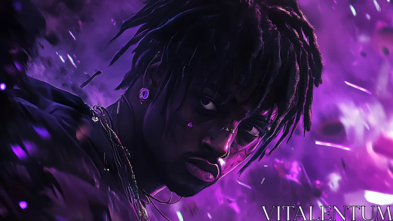 Intense purple portrait merges street attitude with neon chaos
