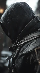 Hooded rogue stands in wet leather armor under snowfall