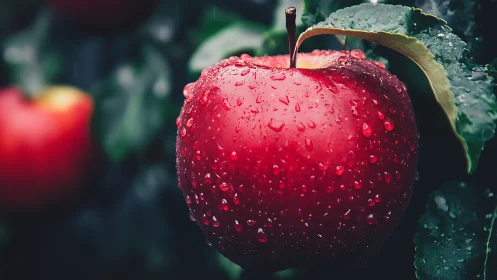 Crimson apple macro with rain-soaked skin and foliage