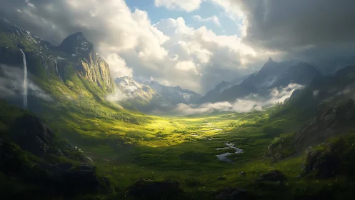 Sunlit alpine valley with glacial peaks, waterfall and mist banks