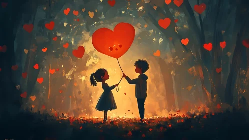 Two Hearts Exchange Luminous Balloon in Burning Dreamscape