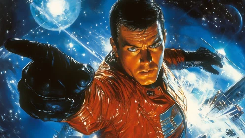 Space hero lunges forward through luminous cosmic battlefield.