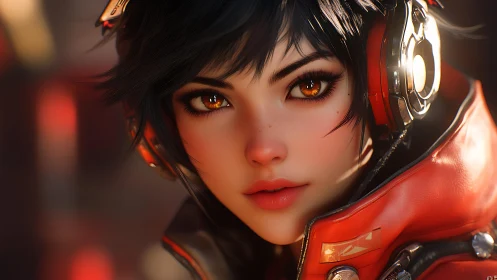 Cinematic close-up of cybernetic girl in orange headset portrait