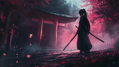 Lone samurai silhouette under crimson shrine canopy