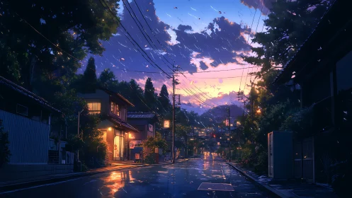 Quiet wet street at dusk in stylized anime town.
