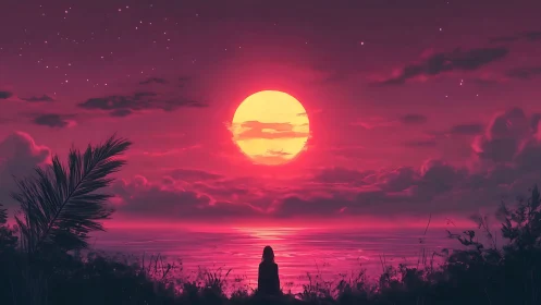 Dreamy pink sunset with a quiet soul by the sea.