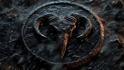 Weathered ram skull emblem carved in dark stone circle.