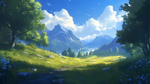 Digital painting of alpine meadow with expansive valley light.
