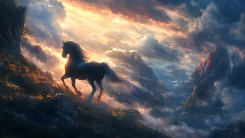 Stormlit stallion racing along ember-bright mountain winds.