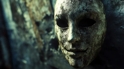 Weathered metallic mask in shallow-focus chiaroscuro portrait