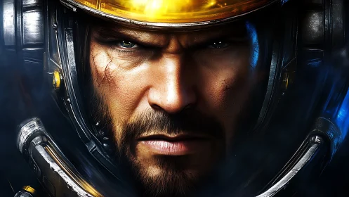 Cyberpunk marine portrait in high-contrast visor close-up.