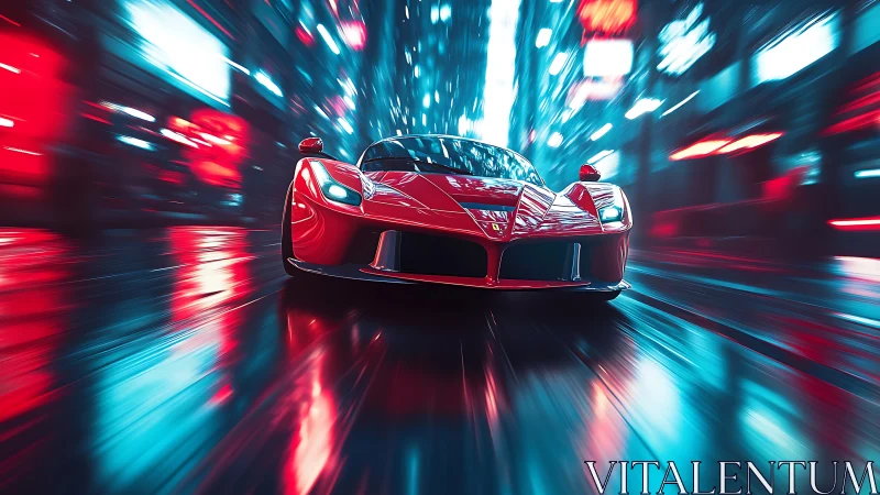 Red sports car on wet neon city street at high speed.