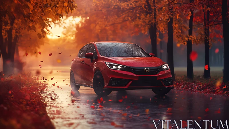 Red compact car on wet autumn road among trees at dusk.