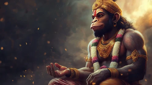 Hanuman deity portrait under dramatic golden light.