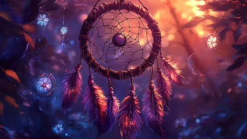 Dreamcatcher glows in a mystical forest at vibrant twilight